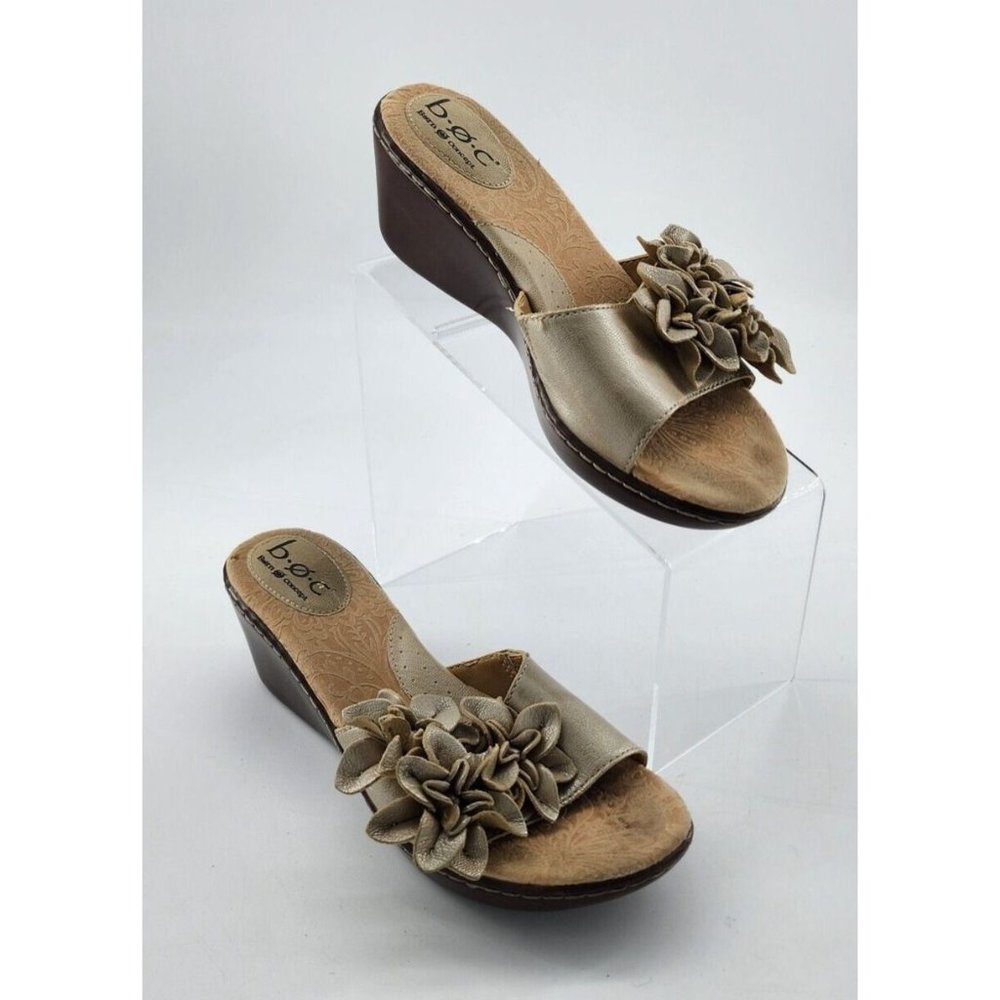 BOC Born Concept Sandal Slip On Cork High Wedge Gold Leather Flowers Sz 8/39